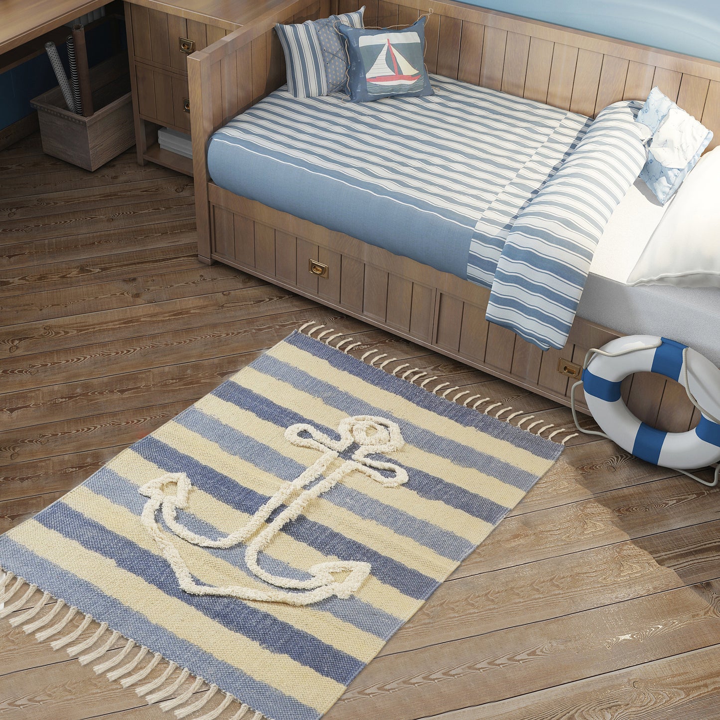 ACCEN-70153 Nautical/Coastal Hand-Woven Navy/Ivory Cotton Indoor Area Rugs - LR Home