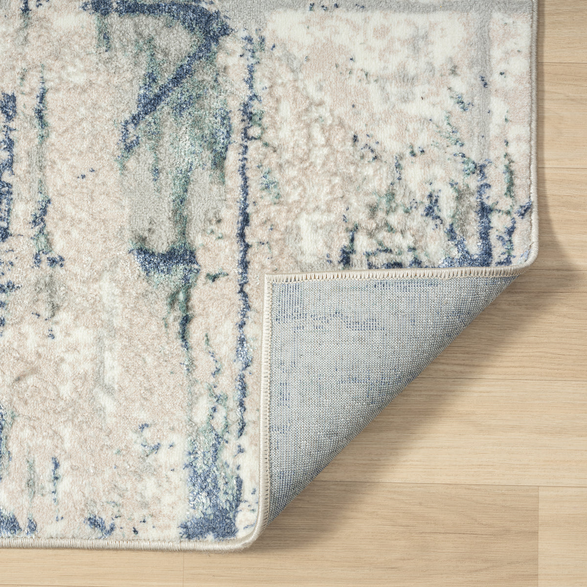 Antalya Transitional Geometric Polyester Performance Indoor Area Rug, Blue/Beige - back view