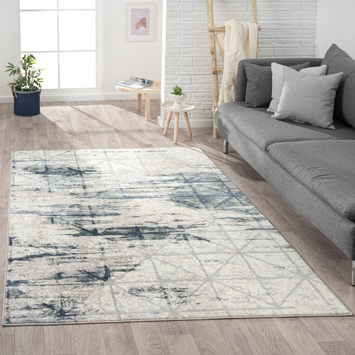 Antalya Transitional Geometric Polyester Performance Indoor Area Rug, Blue/Beige - lifestyle view