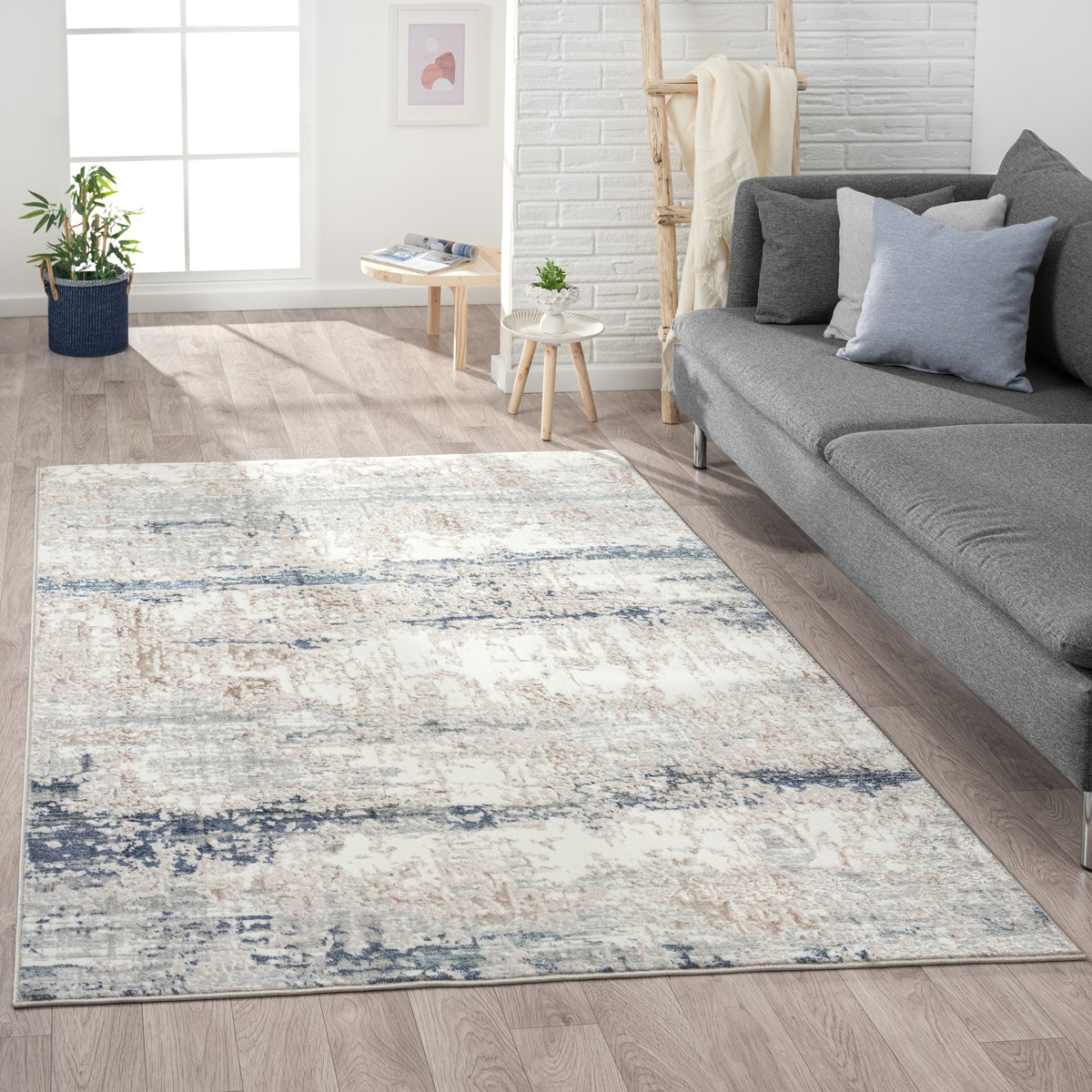 Antalya Abstract Polyester Performance Indoor Area Rug, Blue/Beige - lifestyle view