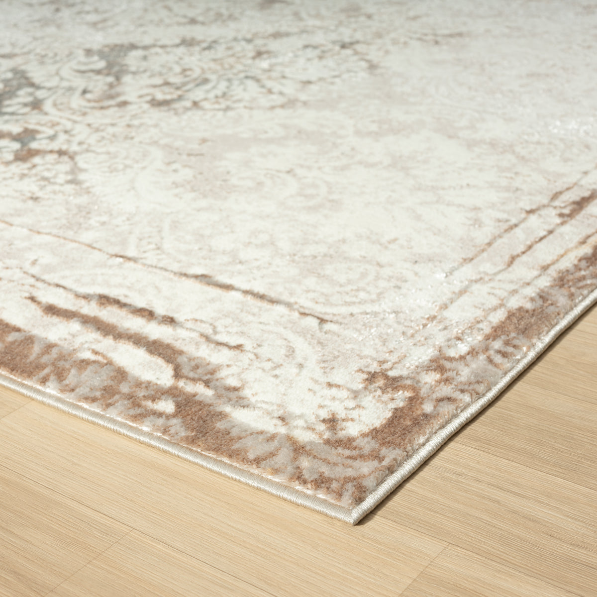 Antalya Transitional Bordered/Damask Polyester Performance Indoor Area Rug, Beige - corner view