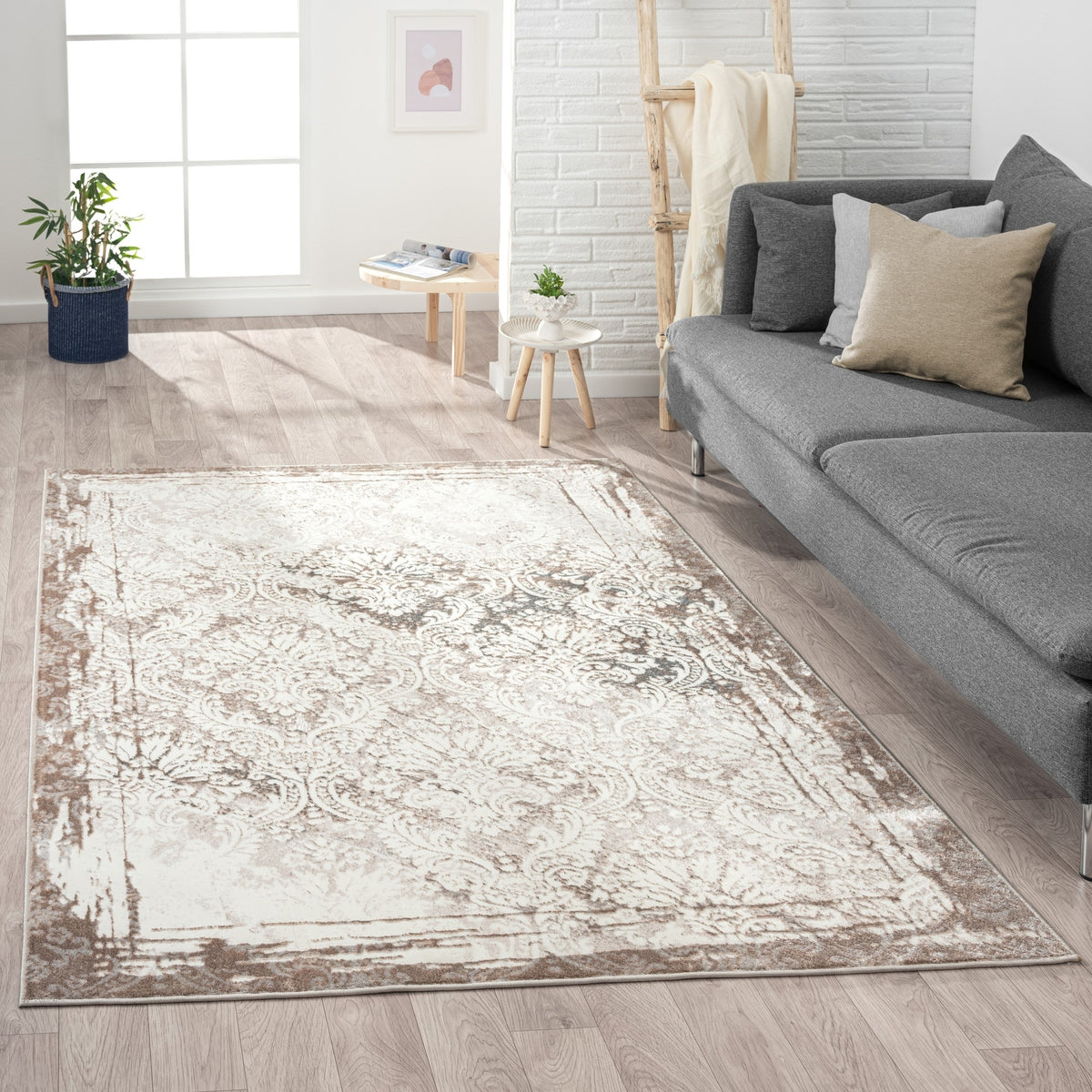 Antalya Transitional Bordered/Damask Polyester Performance Indoor Area Rug, Beige - lifestyle view