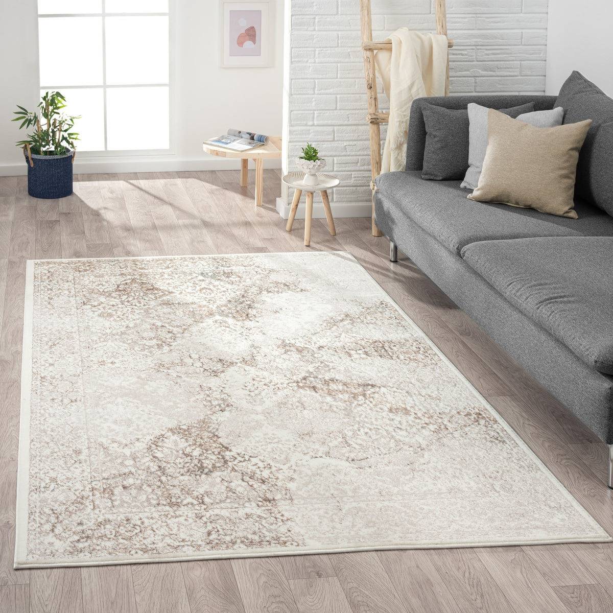 Antalya Transitional Damask Polyester Performance Indoor Area Rug, Beige - lifestyle view