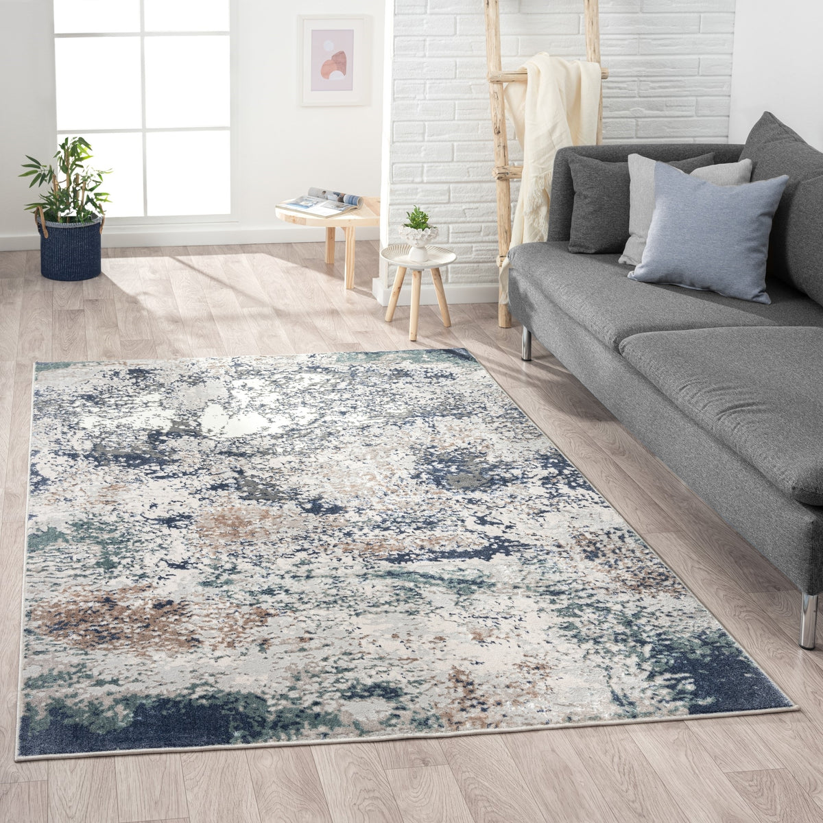 Antalya Abstract Polyester Performance Indoor Area Rug, Grey/Teal - lifestyle view