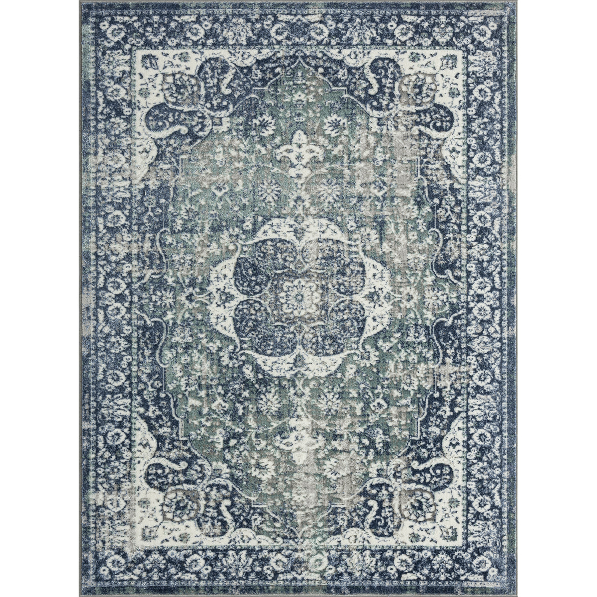 Antalya Contemporary Medallion Polyester Performance Indoor Area Rug, Beige/Navy - Silo view