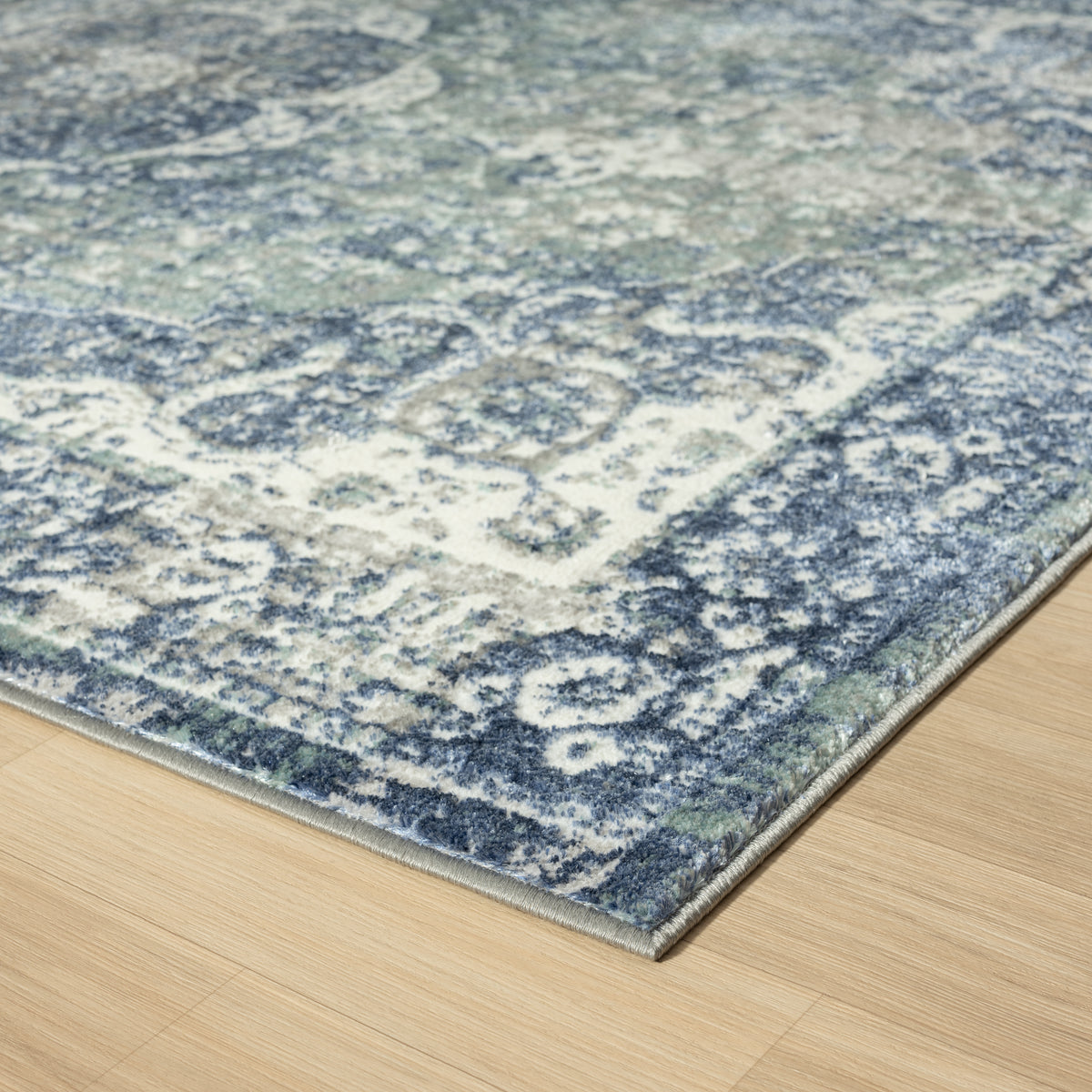 Antalya Contemporary Medallion Polyester Performance Indoor Area Rug, Beige/Navy - corner view