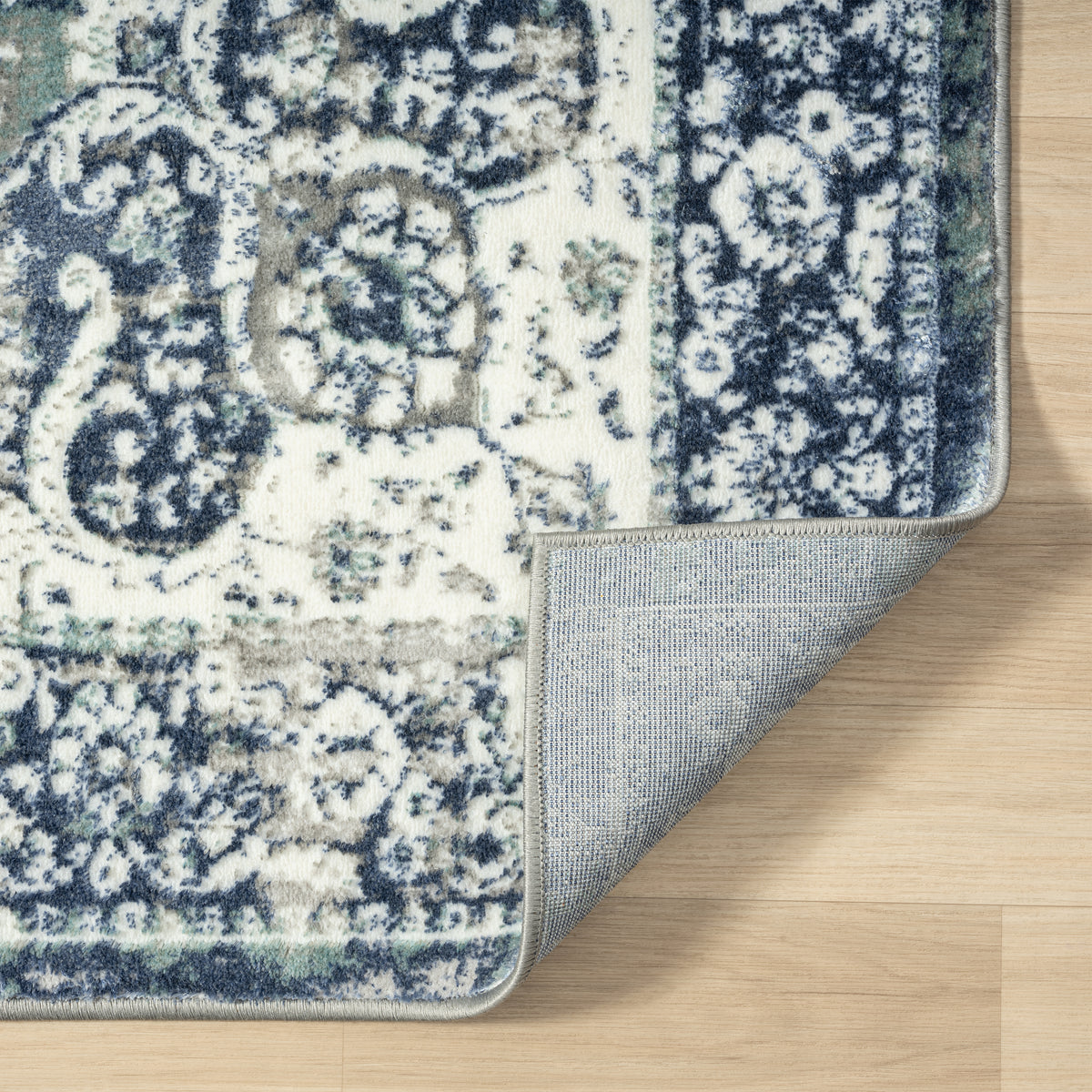 Antalya Contemporary Medallion Polyester Performance Indoor Area Rug, Beige/Navy - back view