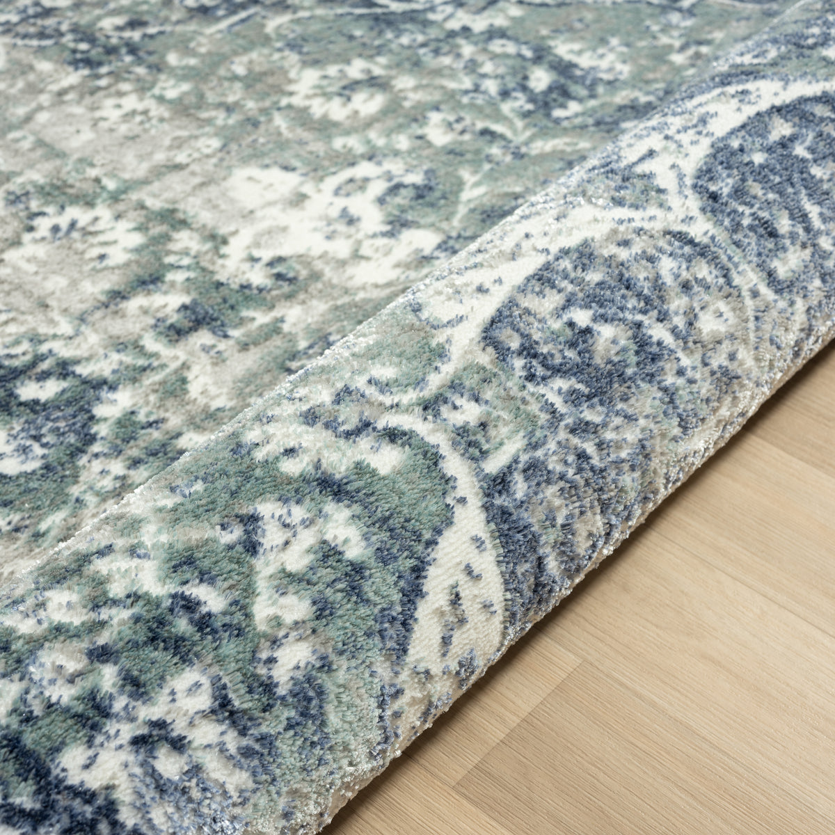 Antalya Contemporary Medallion Polyester Performance Indoor Area Rug, Beige/Navy - side angle view