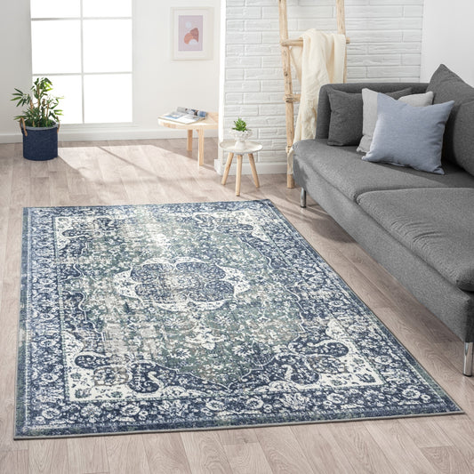 Antalya-82058 Farmhouse Power-Loomed Blue/Beige Cotton Indoor Area Rug - LR Home