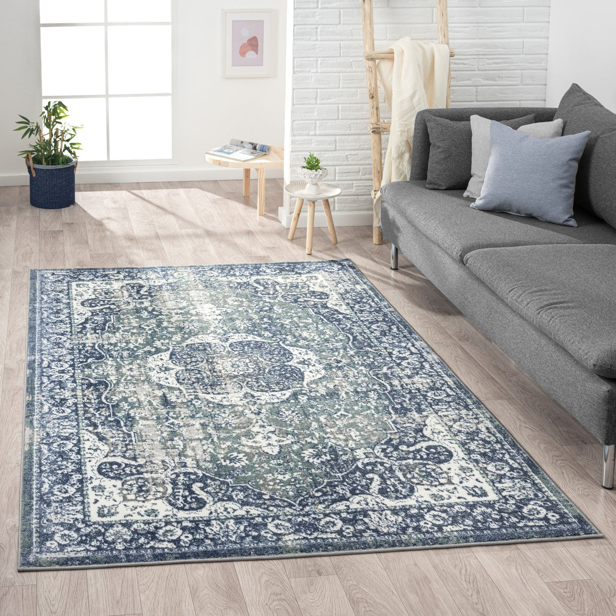 Antalya Contemporary Medallion Polyester Performance Indoor Area Rug, Beige/Navy - lifestyle view