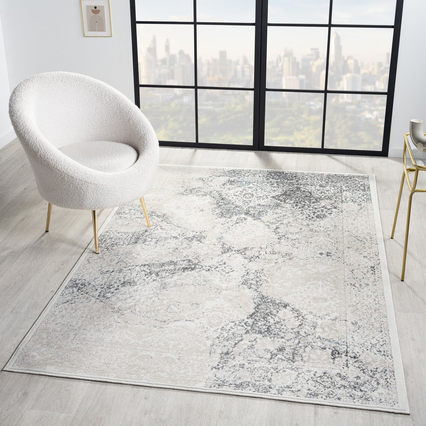 Antalya-82611 Farmhouse Power-Loomed Cream/Blue Cotton Indoor Area Rug - LR Home