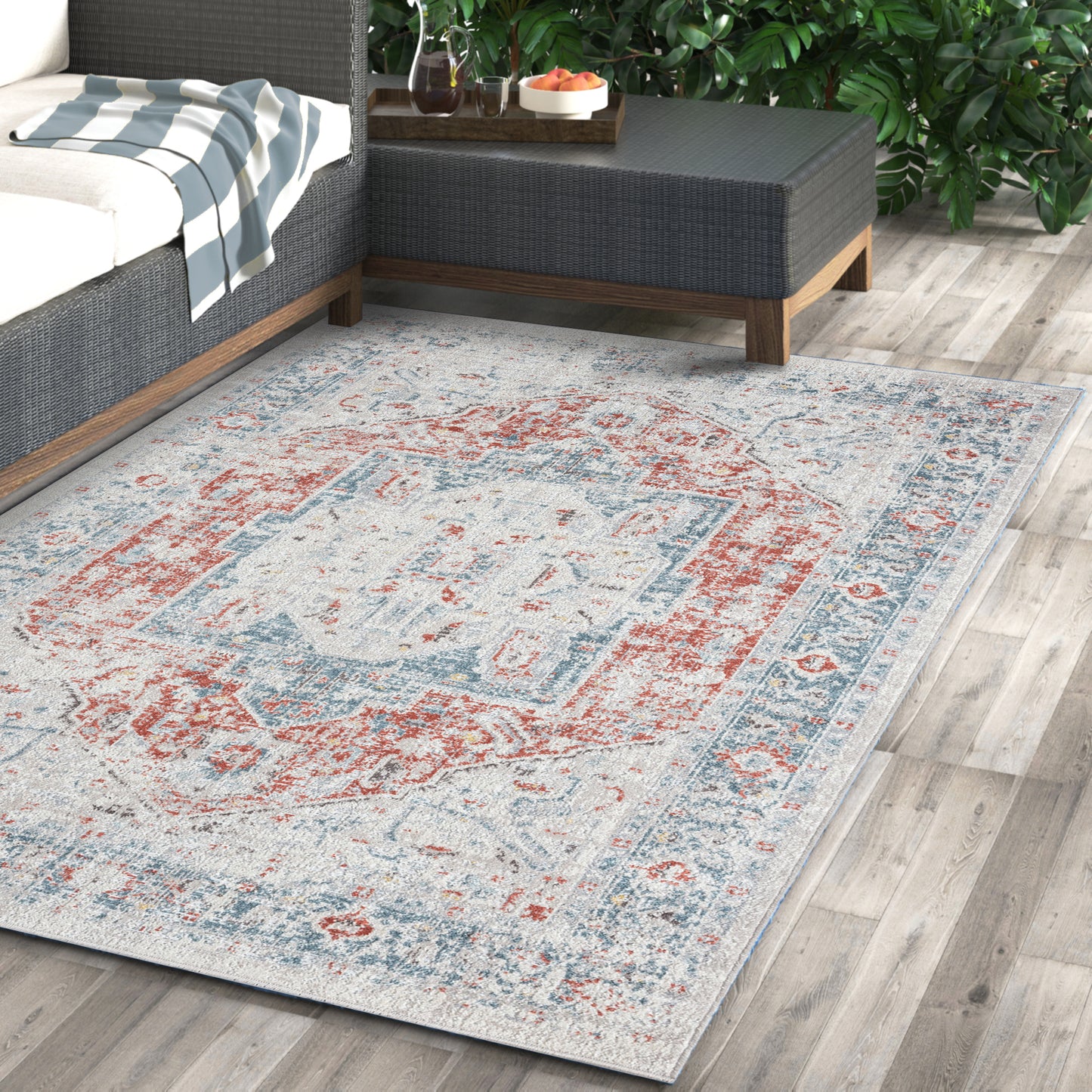 Antiquity-82599 Contemporary Power-Loomed Blue/Rust Polypropylene Indoor/Outdoor Area Rug - LR Home