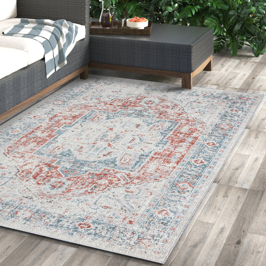 Antiquity-82599 Contemporary Power-Loomed Blue/Rust Polypropylene Indoor/Outdoor Area Rug - LR Home