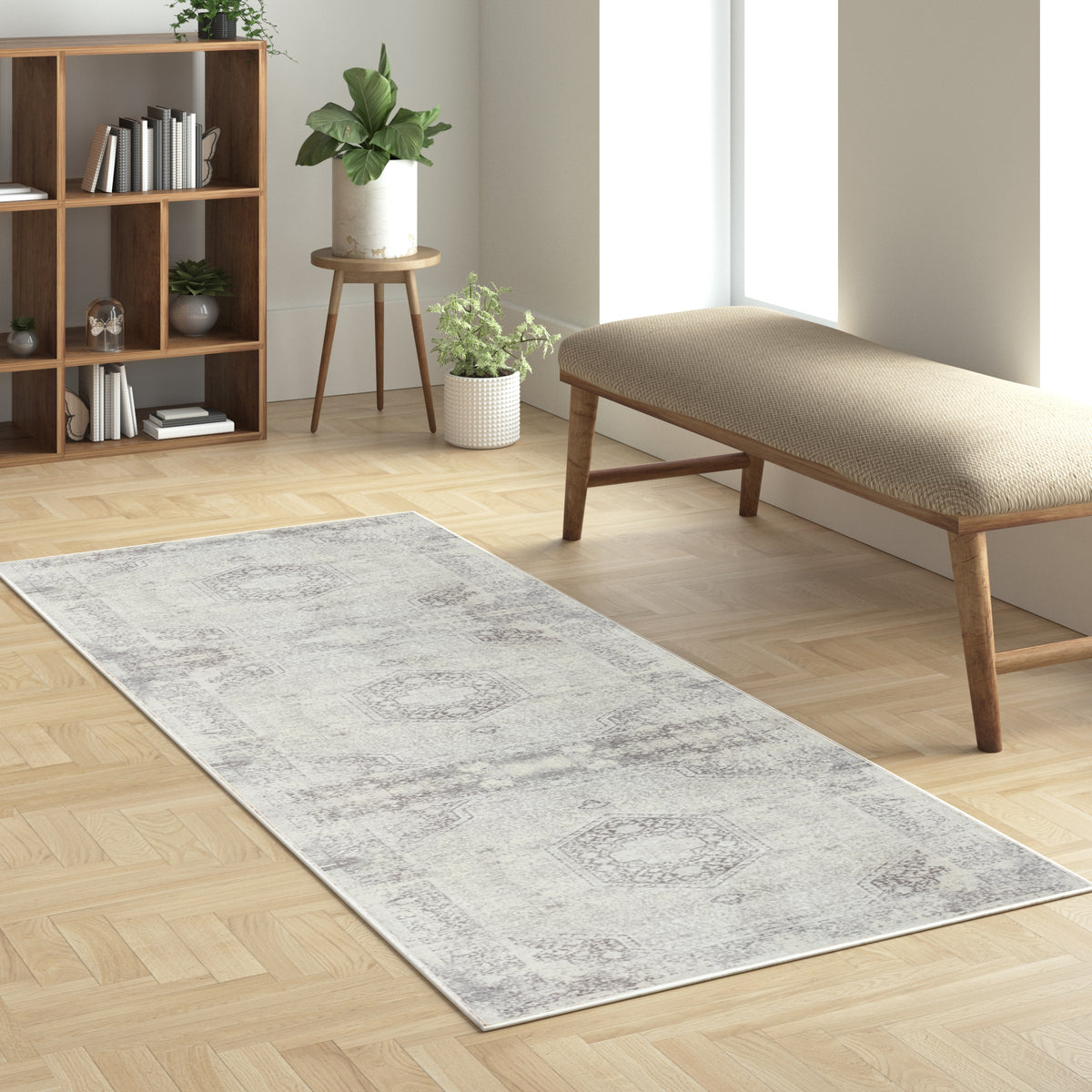 Gray Traditional Medallion Water-Repellent, Washable Runner Rug - lifestyle view