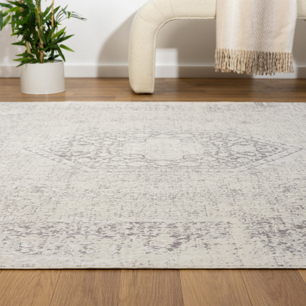 Gray Traditional Medallion Water-Repellent, Washable Runner Rug - side angle view
