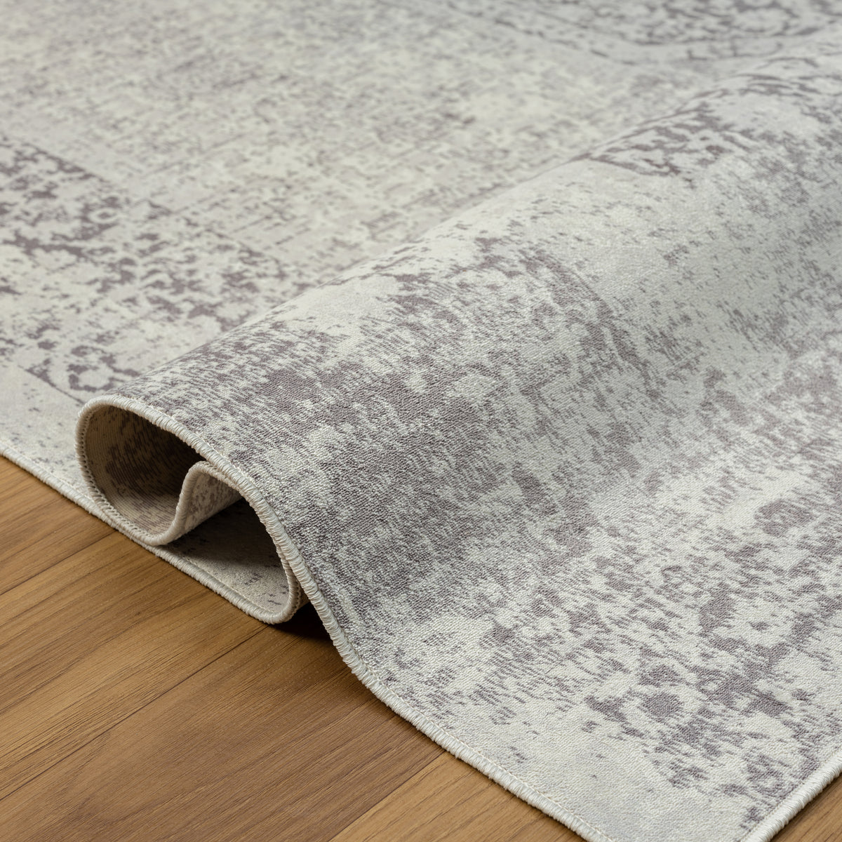 Gray Traditional Medallion Water-Repellent, Washable Runner Rug - close-up detail