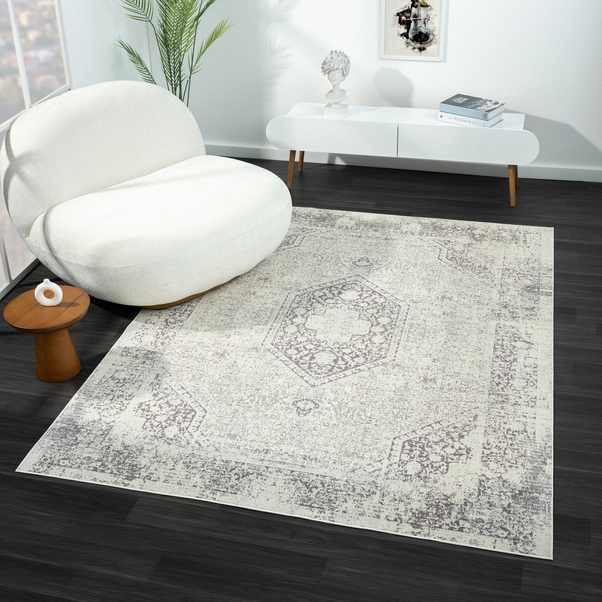 Gray Traditional Medallion Water-Repellent, Washable Runner Rug - lifestyle view 2