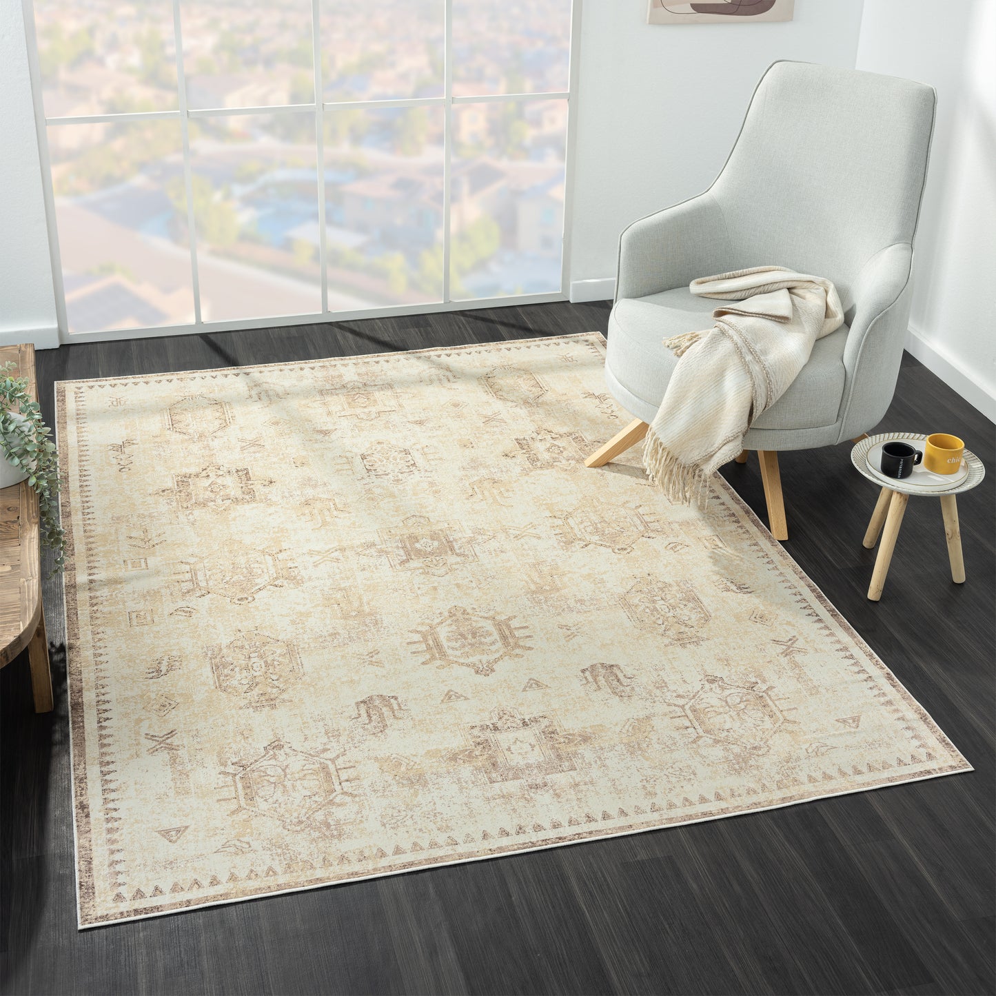 ARIAC-82423 Transitional/Casual Machine Made Beige Polyester, Non-Skid Backing Indoor Area Rugs - LR Home