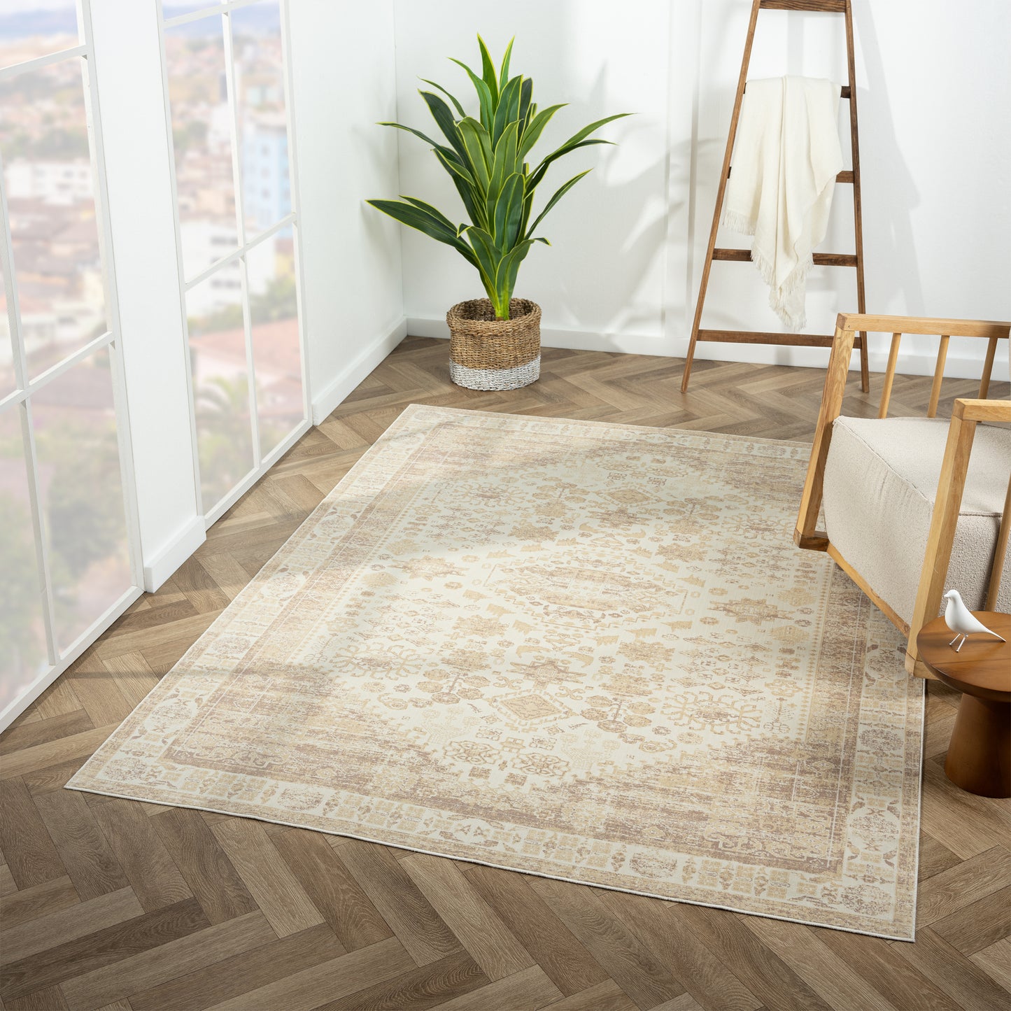 Aria-82425 Transitional Power-Loomed Beige Latex Indoor Area Rug - LR Home