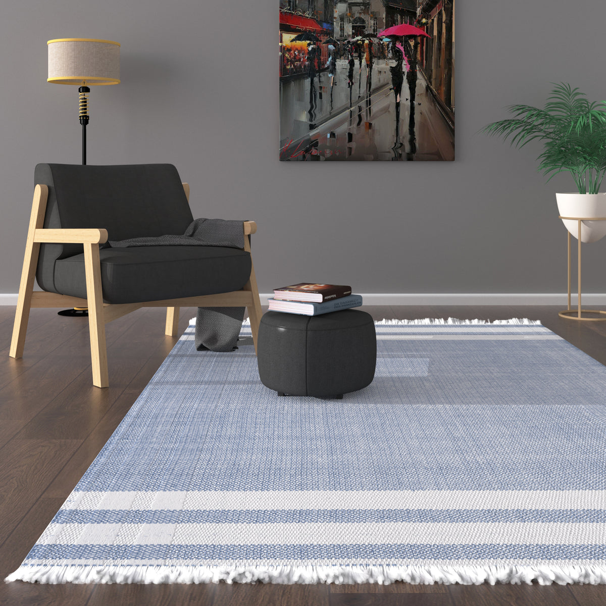 Asbury Blue Striped Hand-Woven Recycled Fiber Indoor/Outdoor Area Rug - lifestyle view 2
