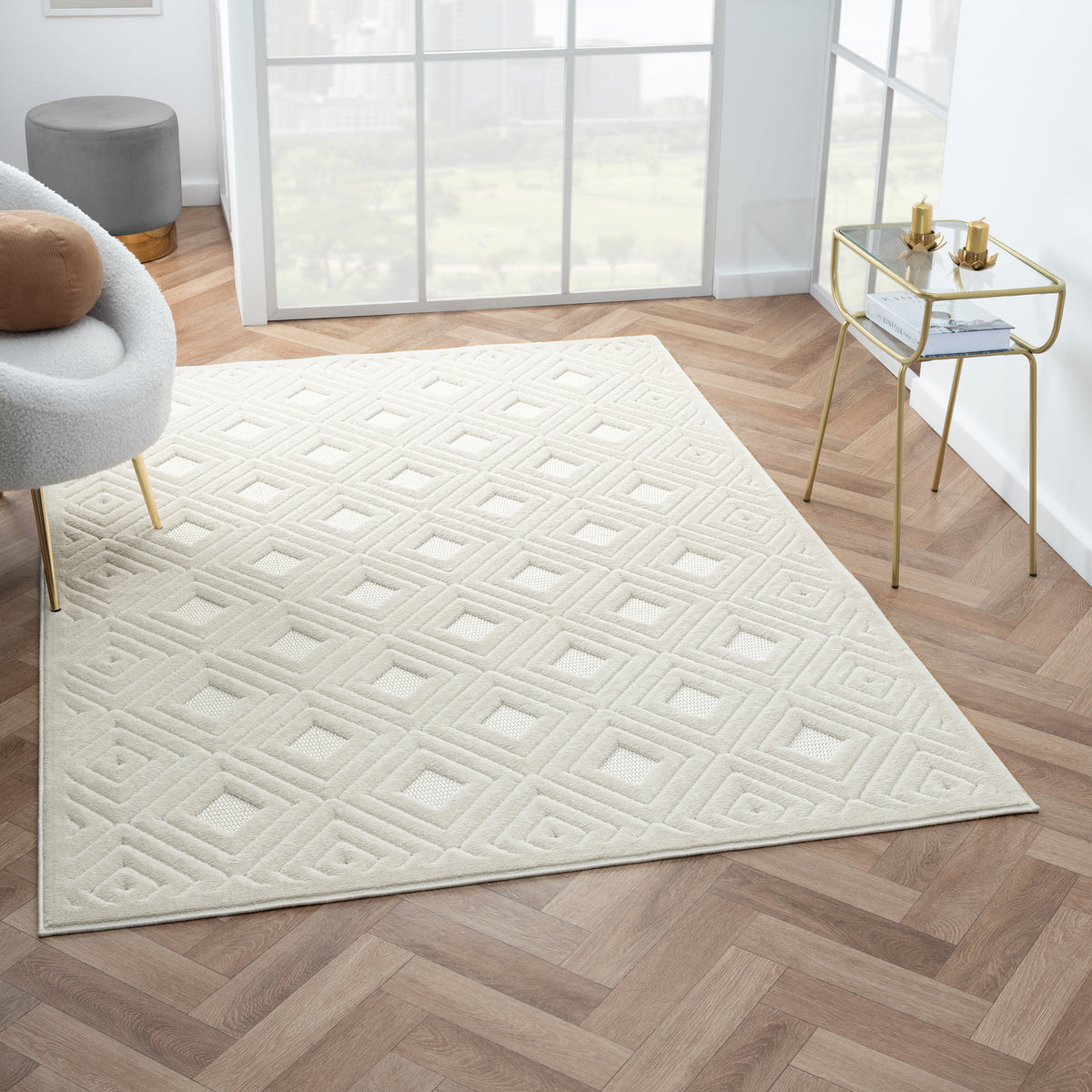 Atlas Ivory Modern Diamond Indoor/Outdoor Area Rug - lifestyle view