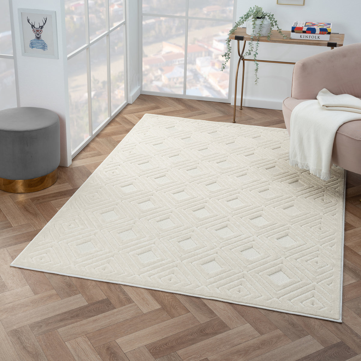 Atlas Ivory Modern Diamond Indoor/Outdoor Area Rug - lifestyle view 2