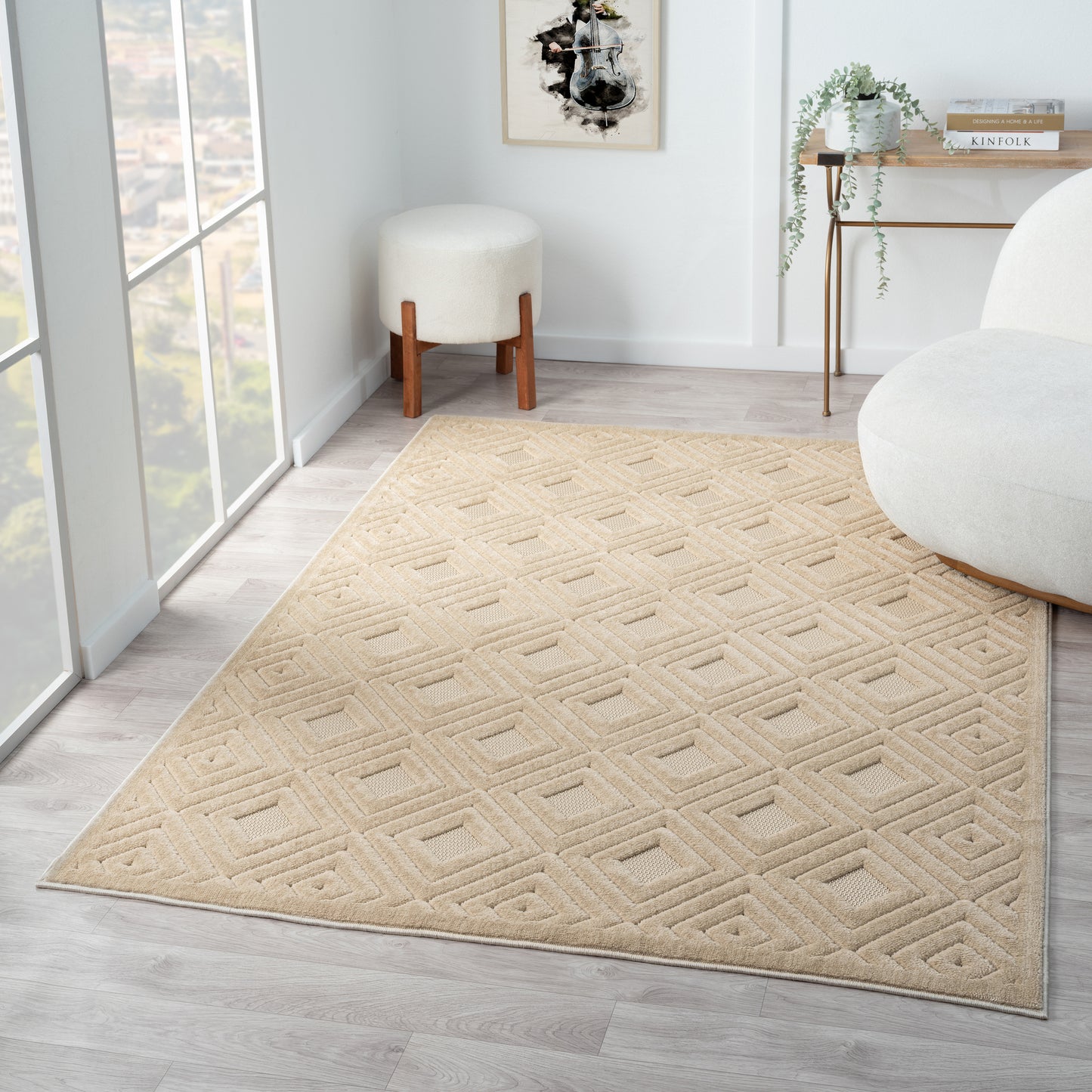 Atlas-82413 Modern Power-Loomed Beige Polypropylene Indoor/Outdoor Area Rug - LR Home