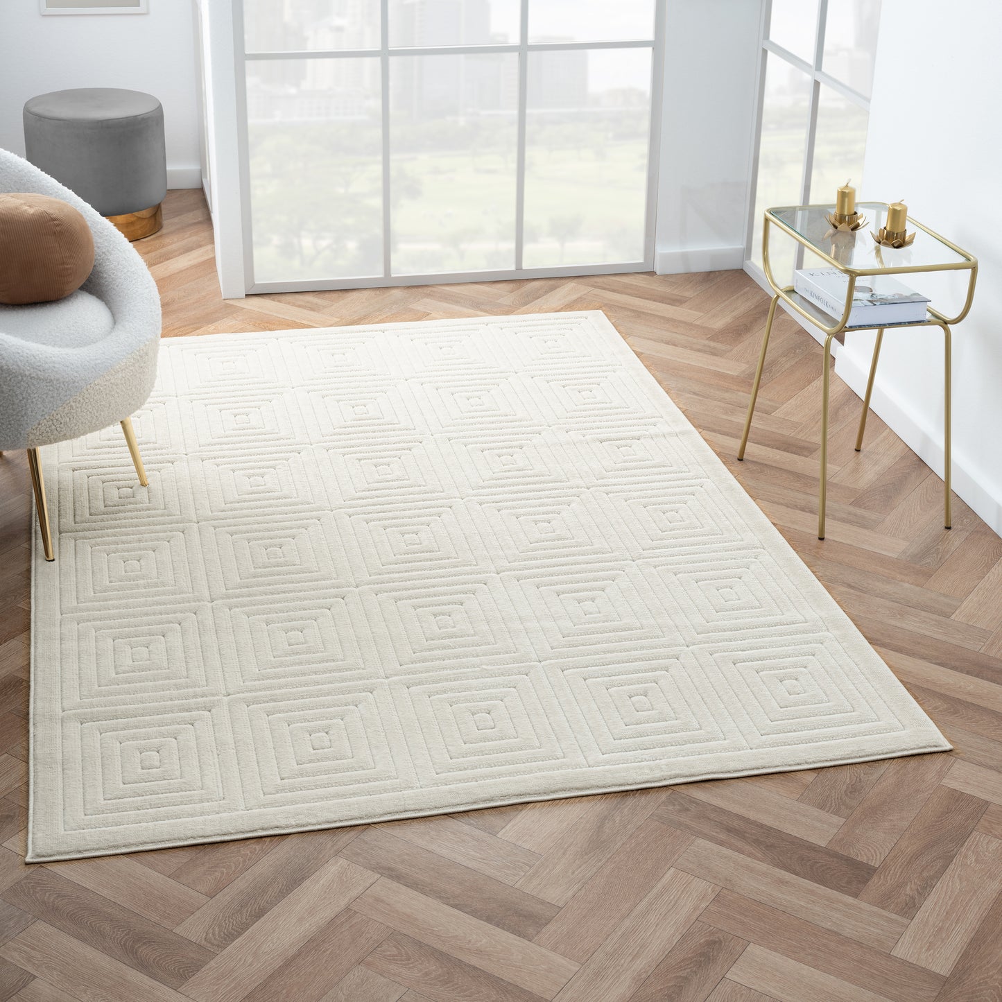 Atlas-82415 Contemporary Power-Loomed Ivory Polypropylene Indoor/Outdoor Area Rug - LR Home