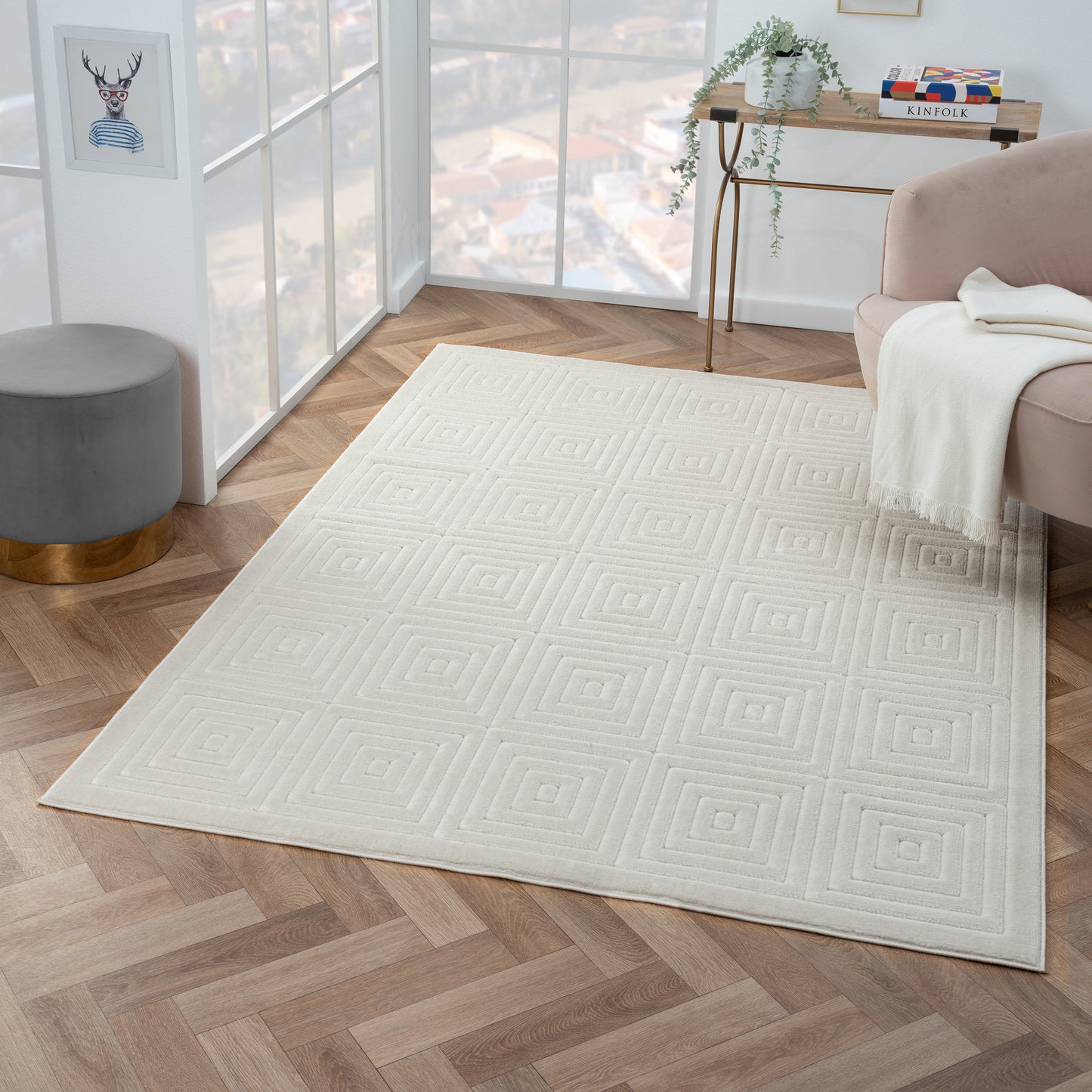 Atlas-82415 Contemporary Power-Loomed Ivory Polypropylene Indoor/Outdoor Area Rug - LR Home