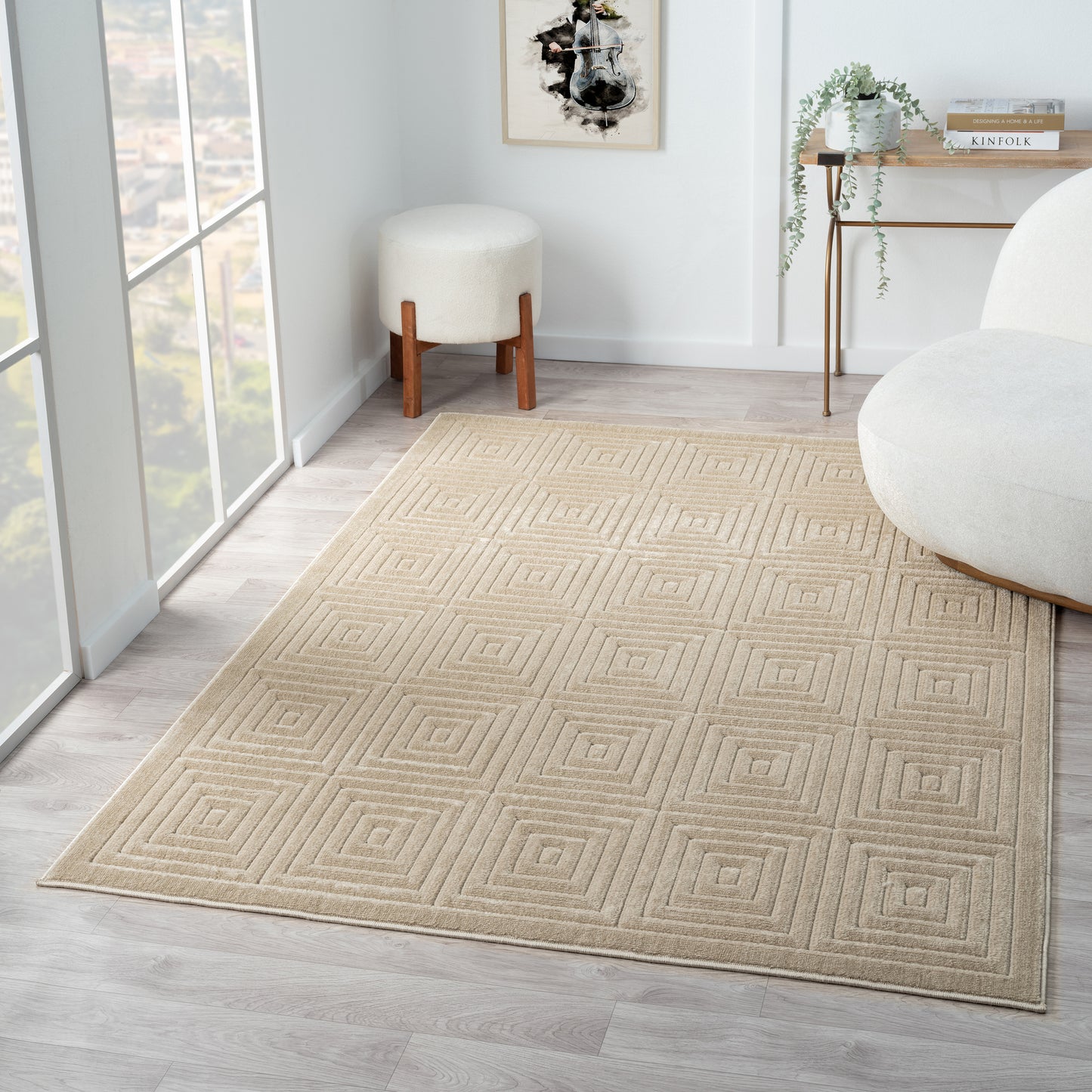 Atlas-82416 Contemporary Power-Loomed Beige Polypropylene Indoor/Outdoor Area Rug - LR Home