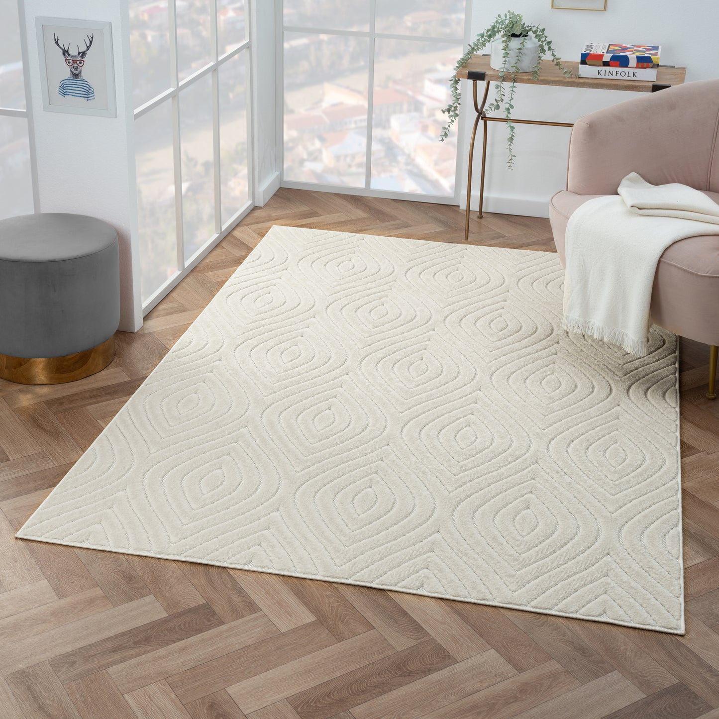 Atlas-82418 Contemporary Power-Loomed Ivory Polypropylene Indoor/Outdoor Area Rug - LR Home