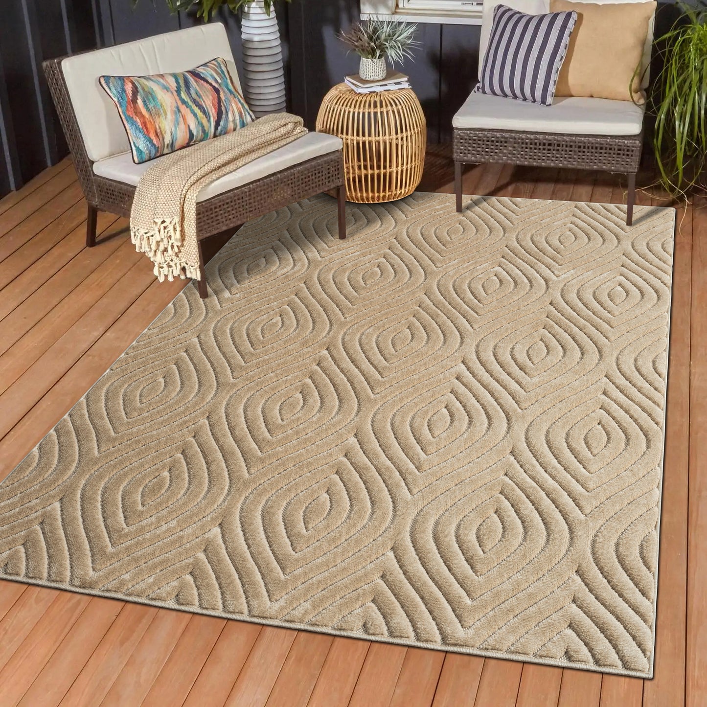 Atlas-82419 Contemporary Power-Loomed Beige Polypropylene Indoor/Outdoor Area Rug - LR Home