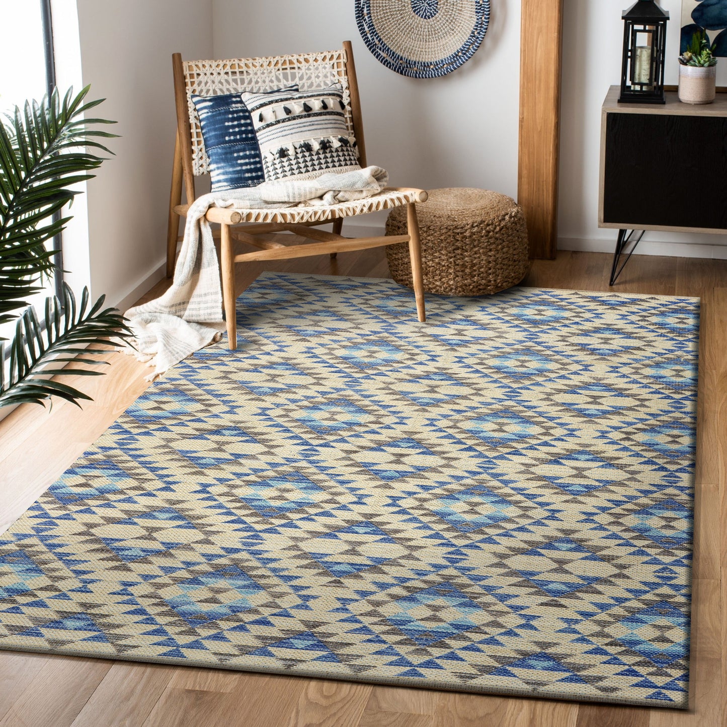 Aurora-81535 Southwestern Hand-Woven Blue/Cream Self-Backed Indoor Area Rug - LR Home