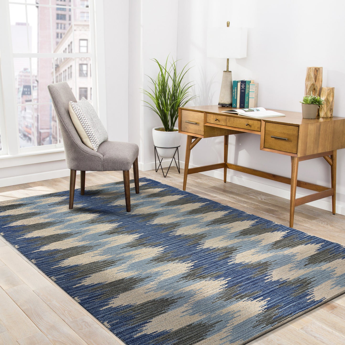 Aurora-81537 Southwestern Hand-Woven Blue/Gray Self-Backed Indoor Area Rug - LR Home
