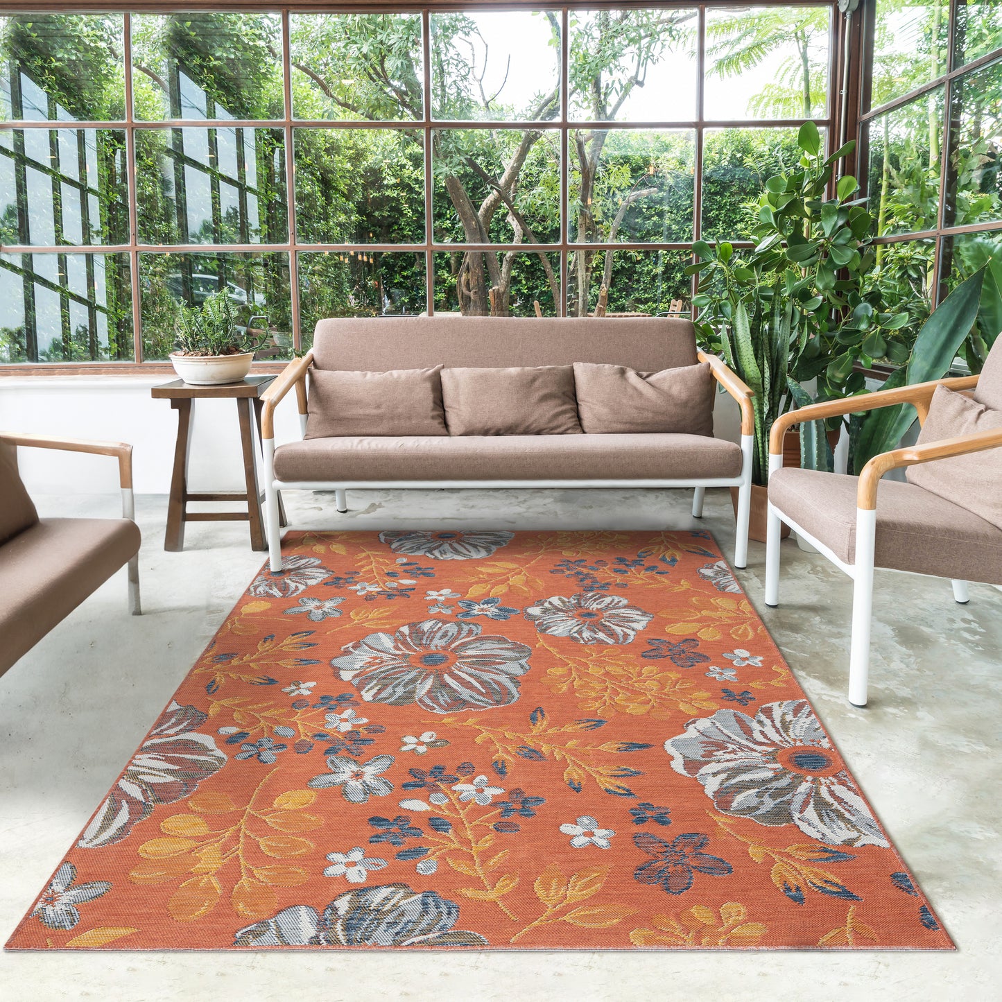 Belize-82511 Tropical Power-Loomed Orange Self-Backed Indoor/Outdoor Area Rug - LR Home