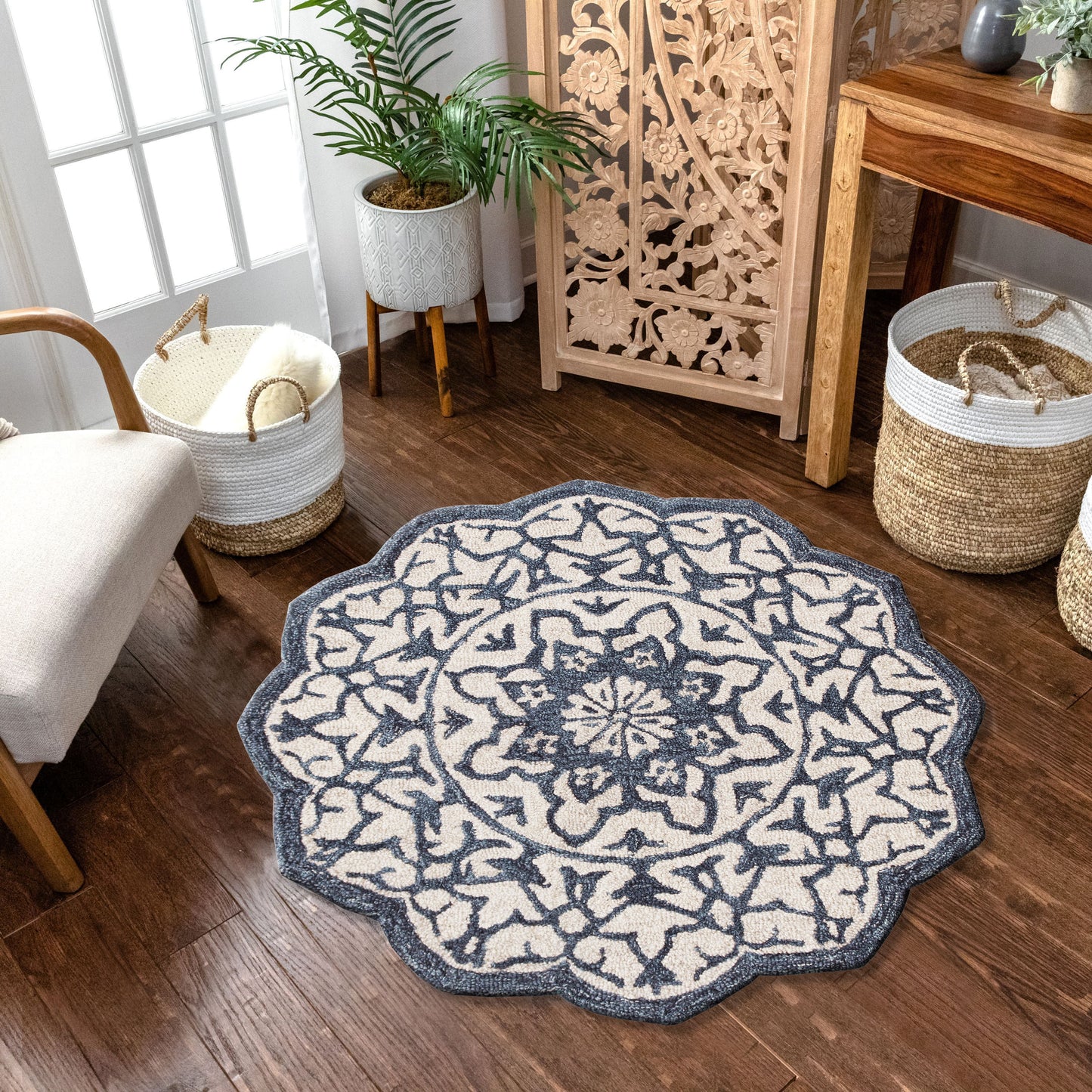 BROSE-21709 Transitional/Casual Hand-Woven Blue/Ivory Natural Wool Indoor Area Rugs - LR Home
