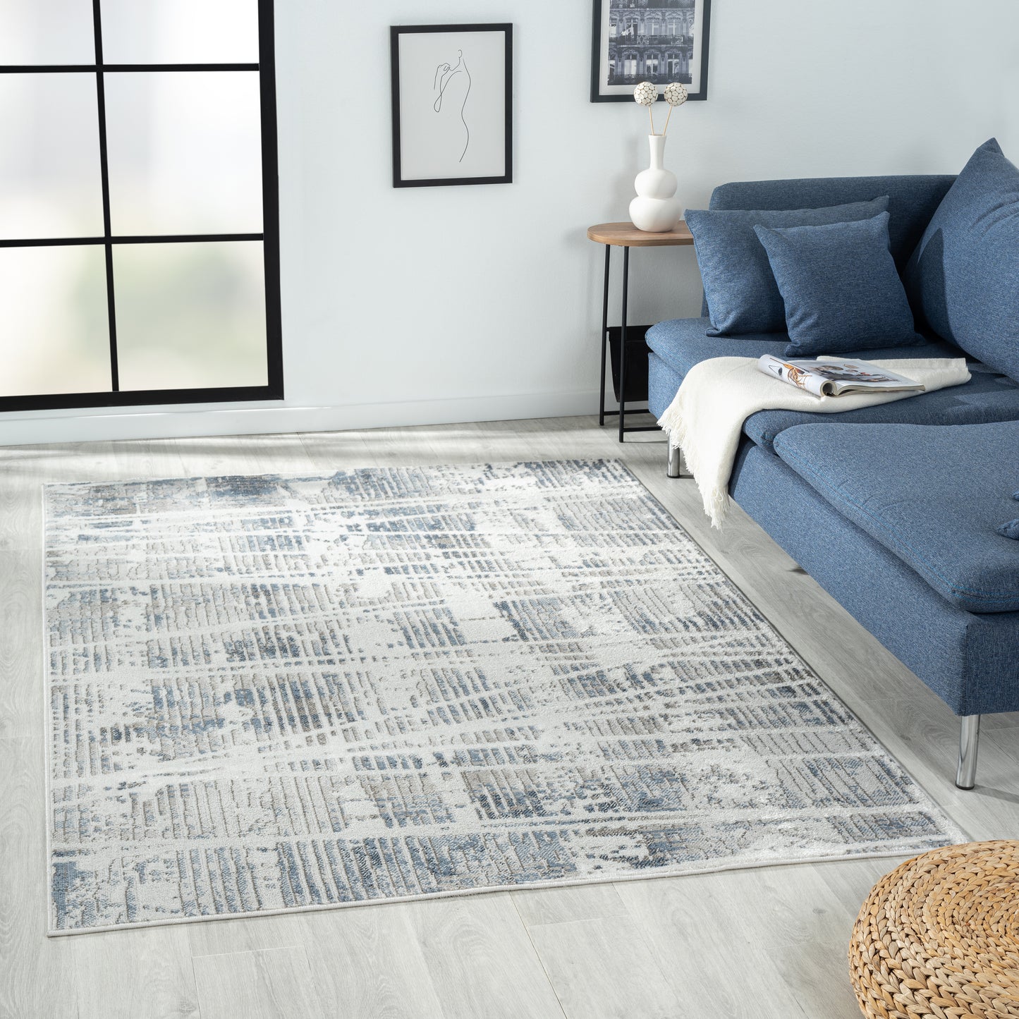 Calgary-82277 Contemporary Power-Loomed Blue/Cream Jute Indoor Area Rug - LR Home