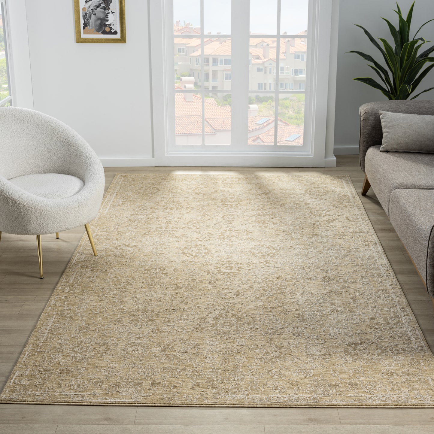 Castillo-82740 Farmhouse Power-Loomed Beige/Gold Cotton Indoor Area Rug - LR Home