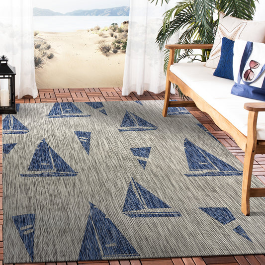 Catalina-81502 Nautical Power-Loomed Gray/Navy Polypropylene Indoor/Outdoor Area Rug - LR Home