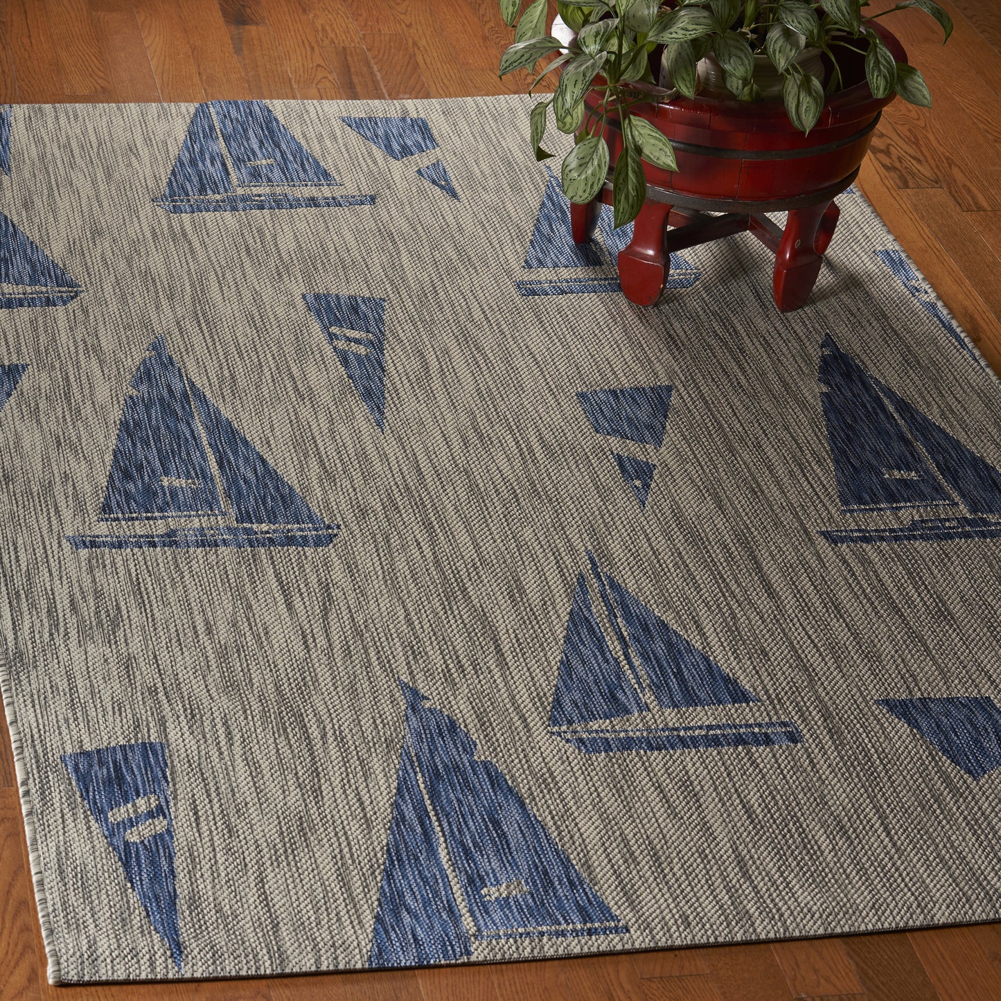 Catalina-81502 Nautical Power-Loomed Gray/Navy Polypropylene Indoor/Outdoor Area Rug - LR Home