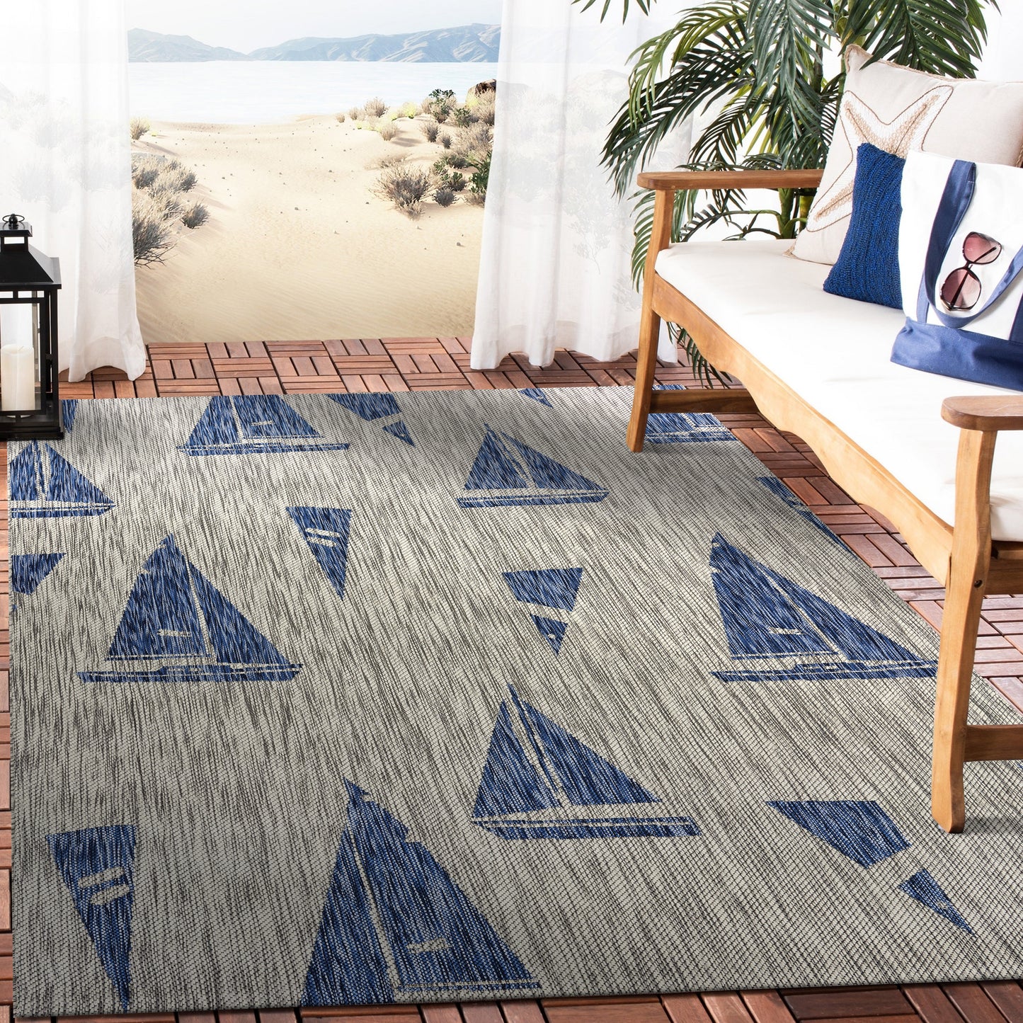CATAL-81502 Nautical/Coastal Machine Made Gray/Navy Polypropylene Indoor/Outdoor Area Rugs - LR Home