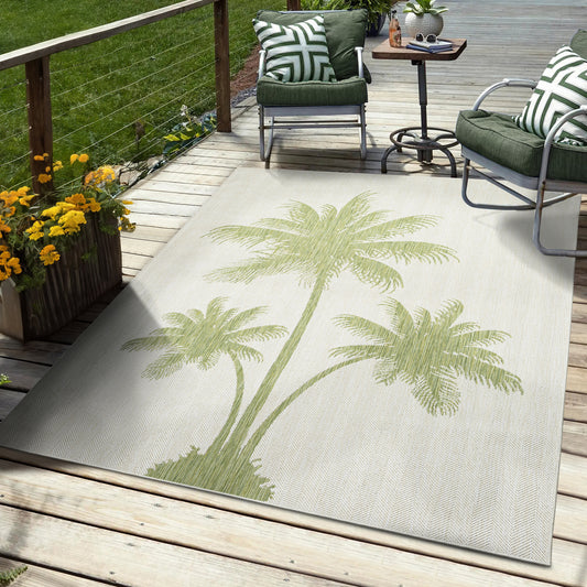Catalina-81503 Tropical Power-Loomed Beige/Dark Green Polypropylene Indoor/Outdoor Area Rug - LR Home