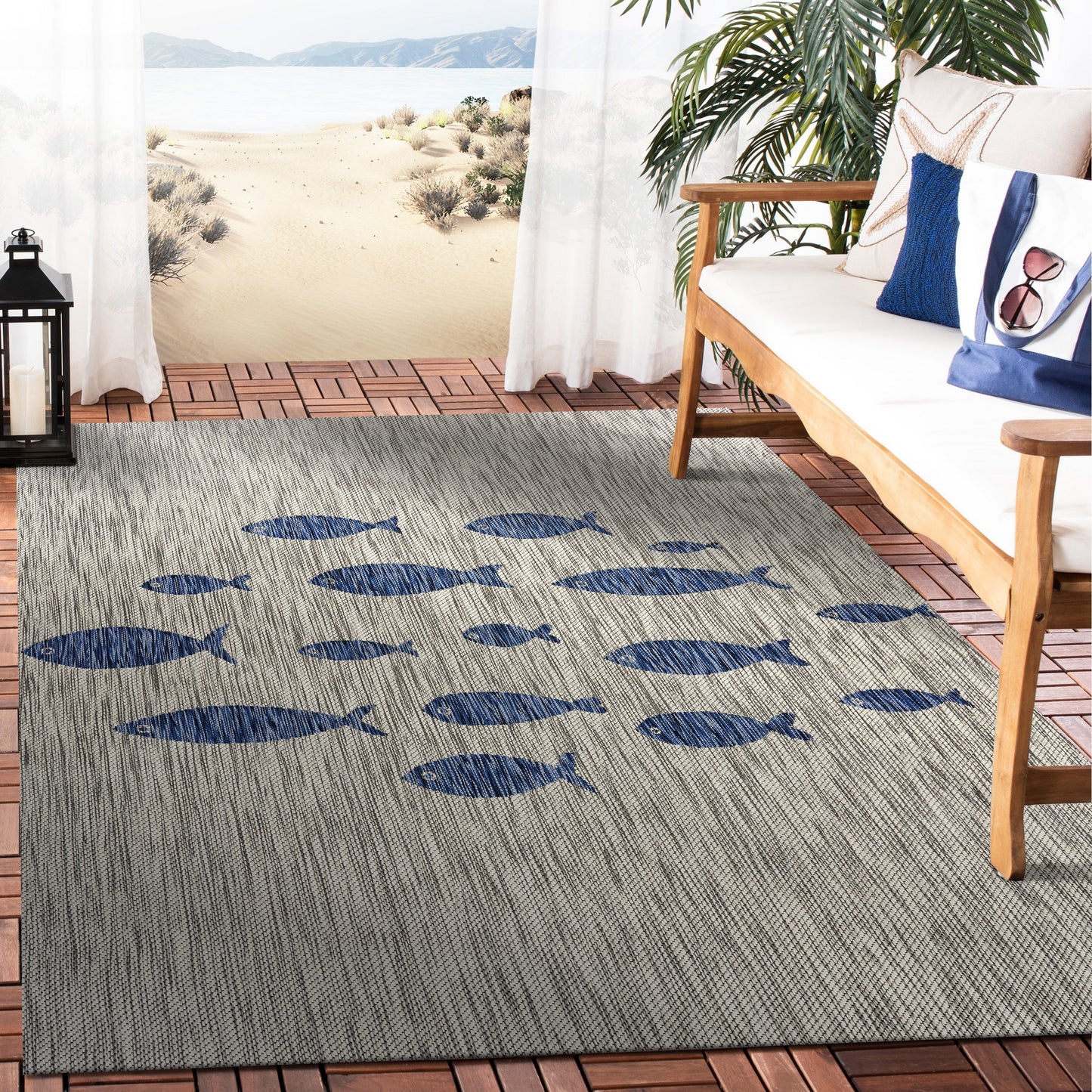 Catalina-81505 Tropical Power-Loomed Gray/Navy Blue Polypropylene Indoor/Outdoor Area Rug - LR Home