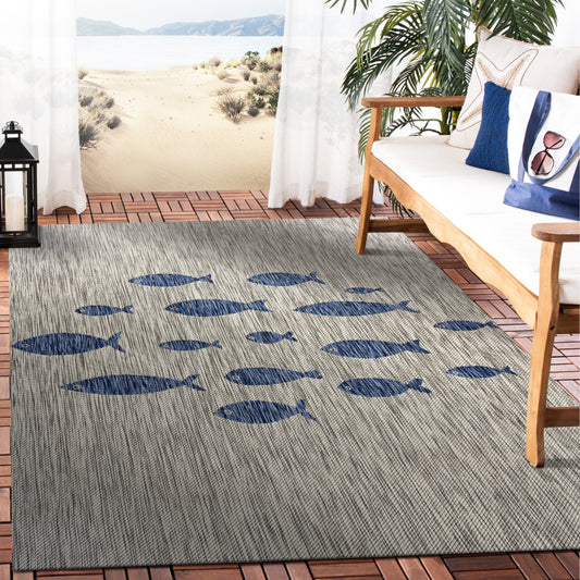 Catalina-81505 Tropical Power-Loomed Gray/Navy Blue Polypropylene Indoor/Outdoor Area Rug - LR Home