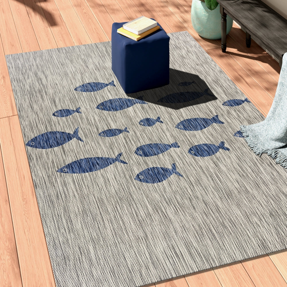 Catalina-81505 Tropical Power-Loomed Gray/Navy Blue Polypropylene Indoor/Outdoor Area Rug - LR Home