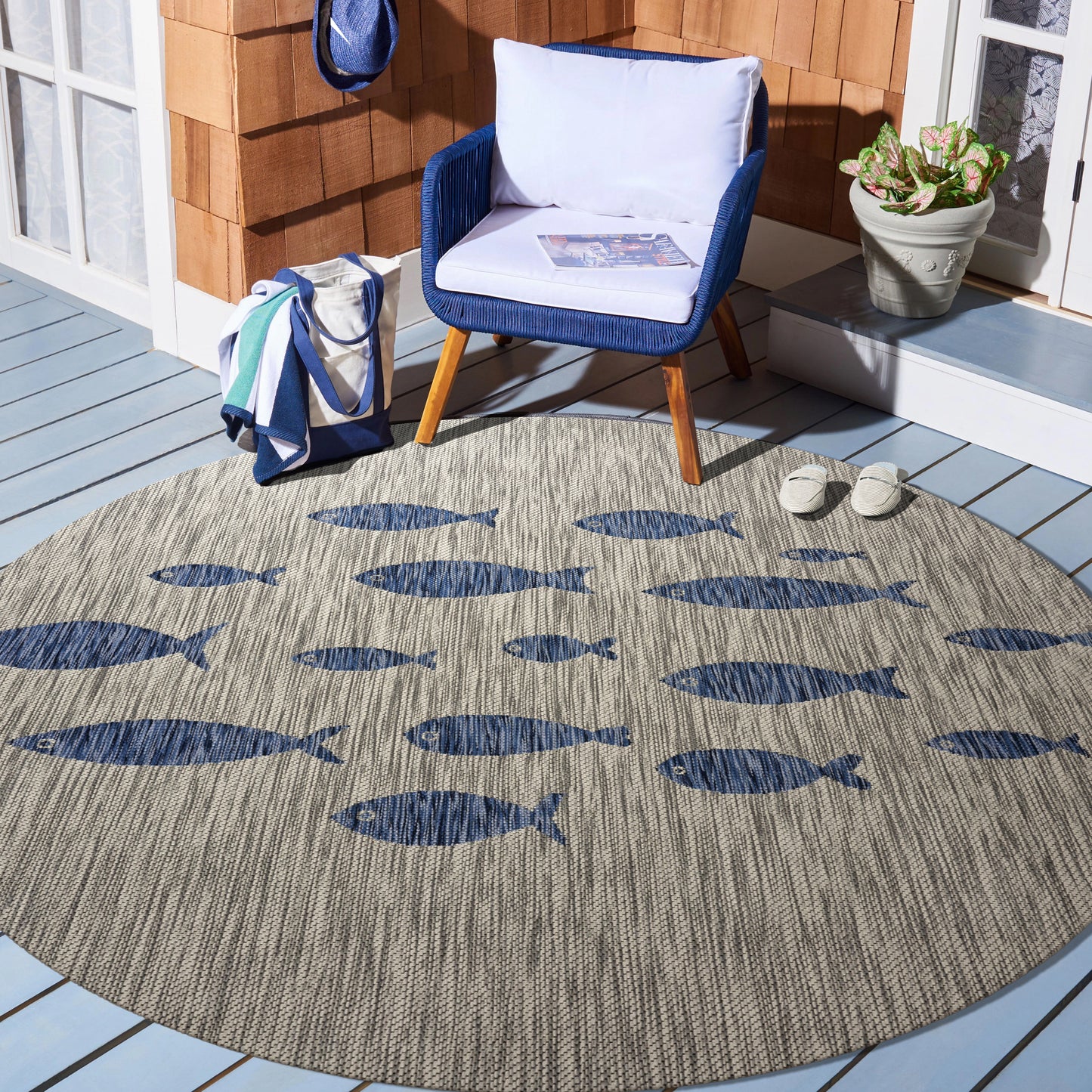 Catalina-81505 Tropical Power-Loomed Gray/Navy Blue Polypropylene Indoor/Outdoor Area Rug - LR Home