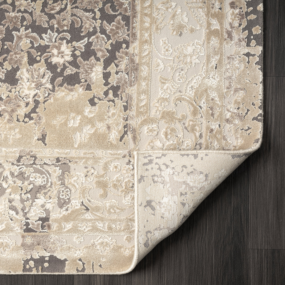 Cheshire Grey Floral/Botanical Classic/Traditional Luxelon Blend Area Rug - back view