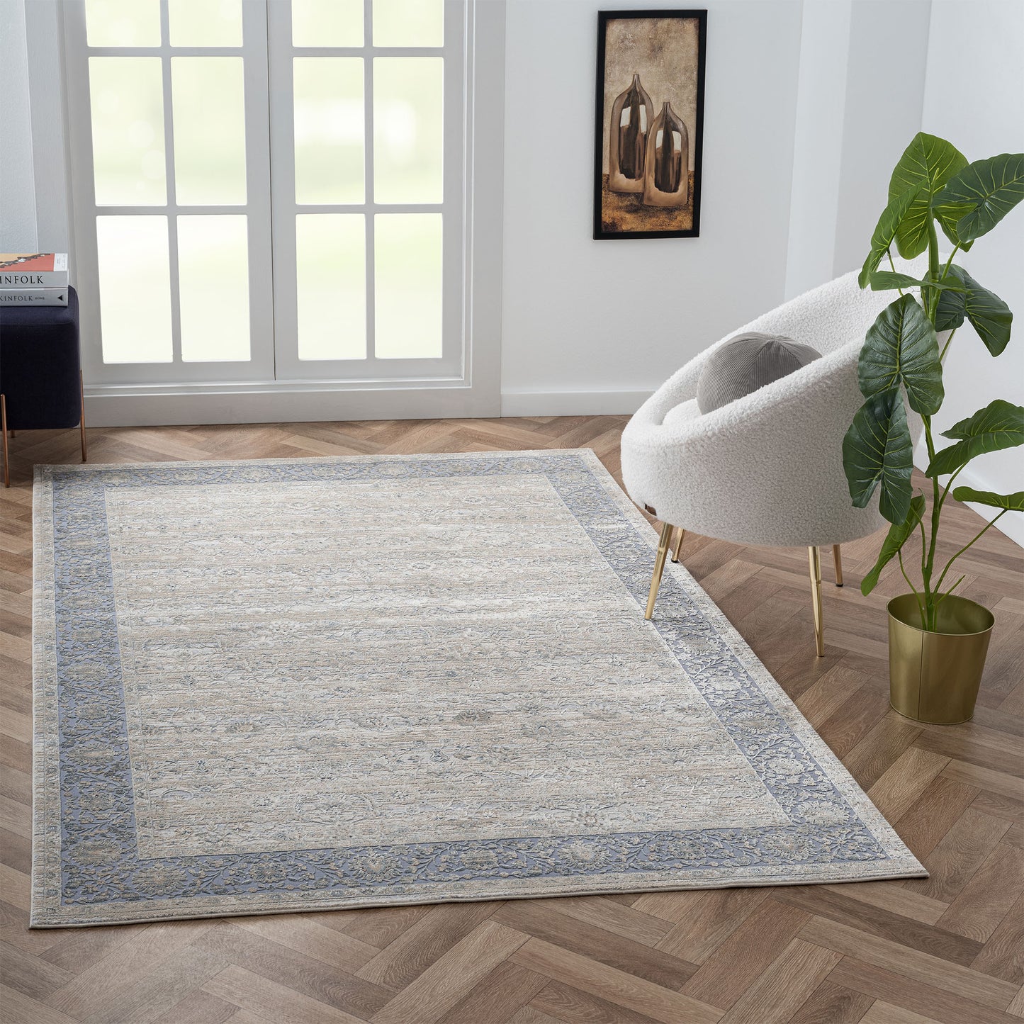 Cheshire-82406 Traditional Power-Loomed Blue/Beige Cotton Indoor Area Rug - LR Home