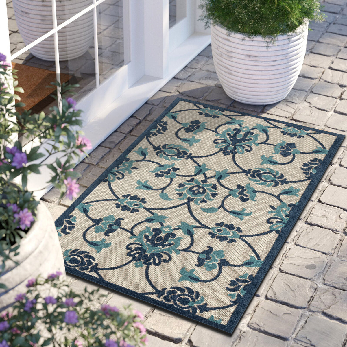 Ox Bay Blue Coastal Floral Filigree Hi-Low Indoor/Outdoor Area Rug - color swatch