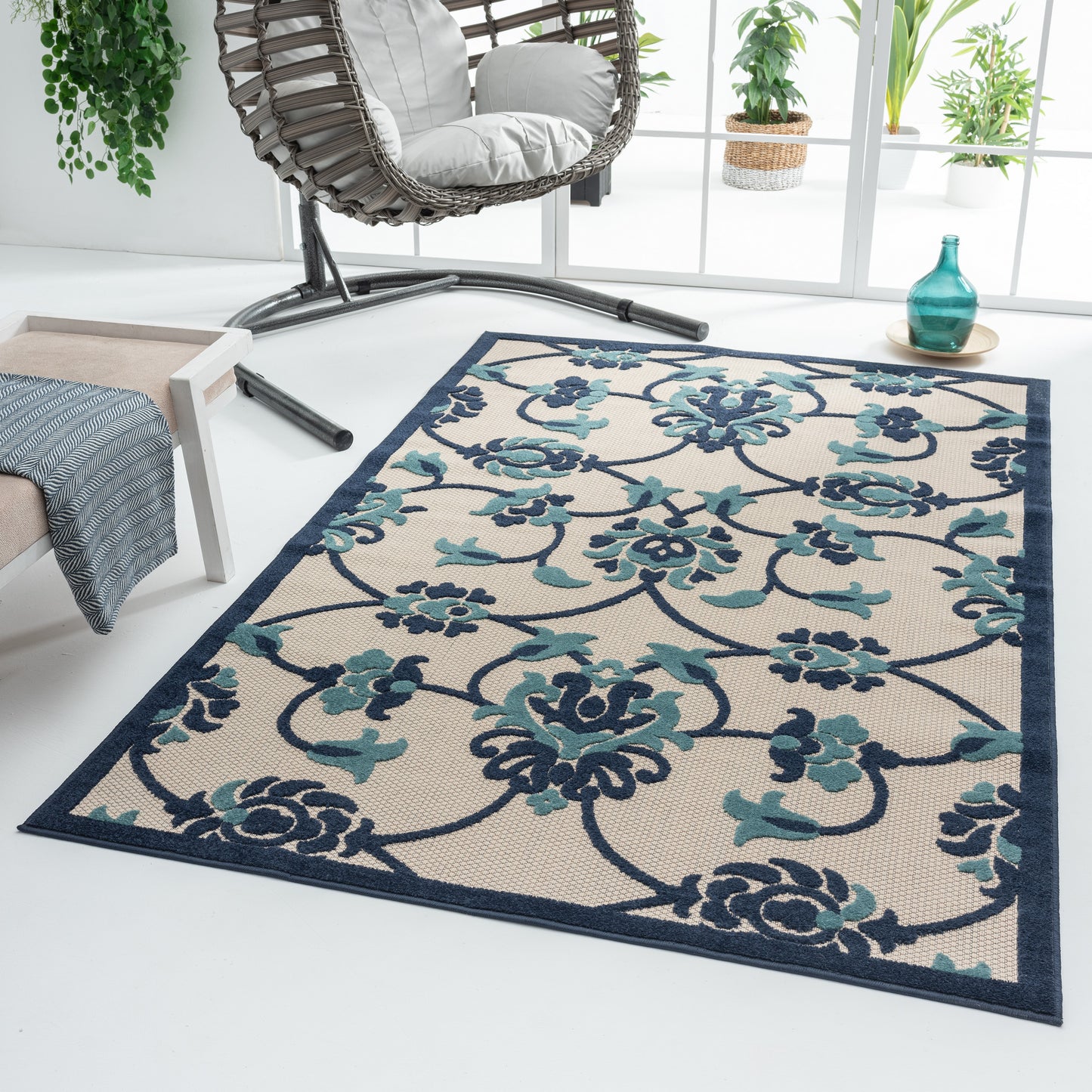 Copa Cabana-81813 Contemporary Power-Loomed Navy Blue/Beige Polypropylene Indoor/Outdoor Area Rug - LR Home